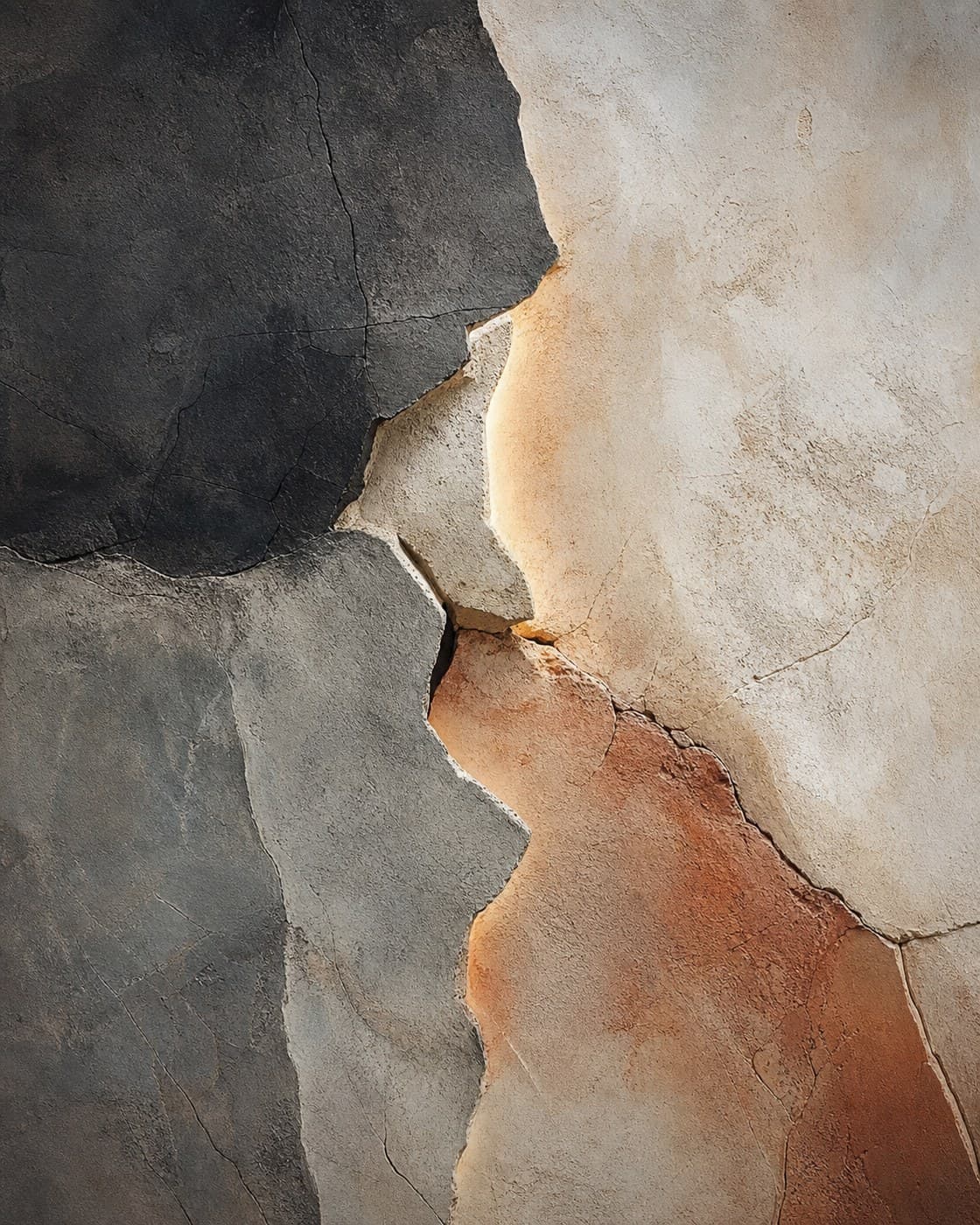 After the Rupture, an abstract work from the MUUZ · Resilience collection. A fractured mineral plane held by light rather than hidden repair.