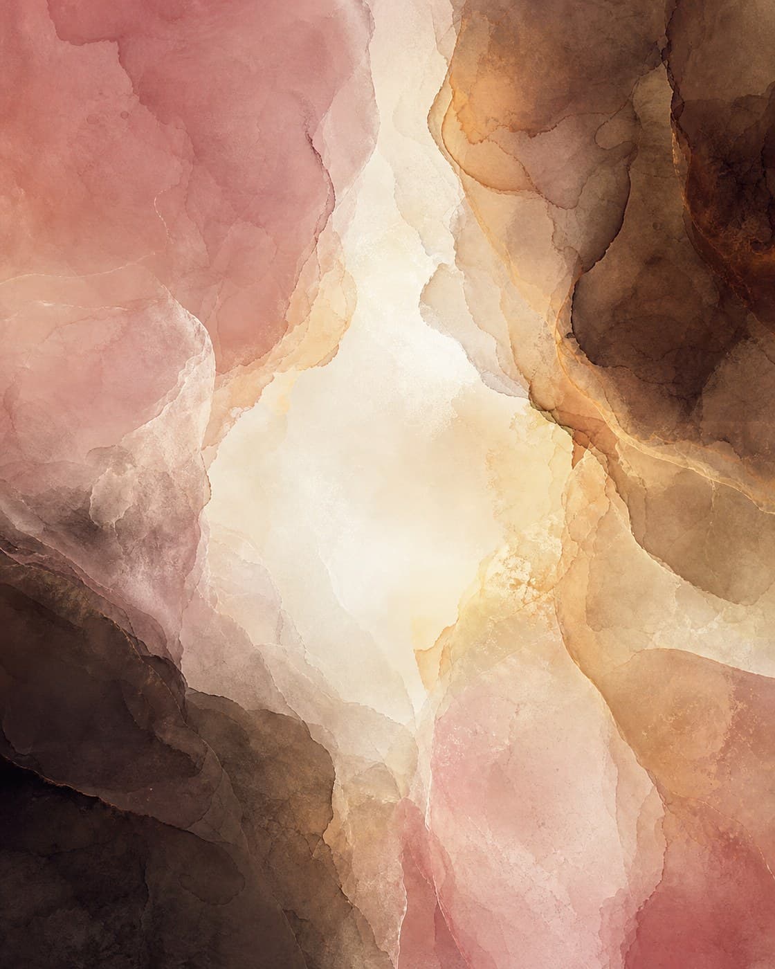 Held in Stillness, an abstract work from the Contemporary collection. Translucent mineral fields gathered around an unoccupied centre.