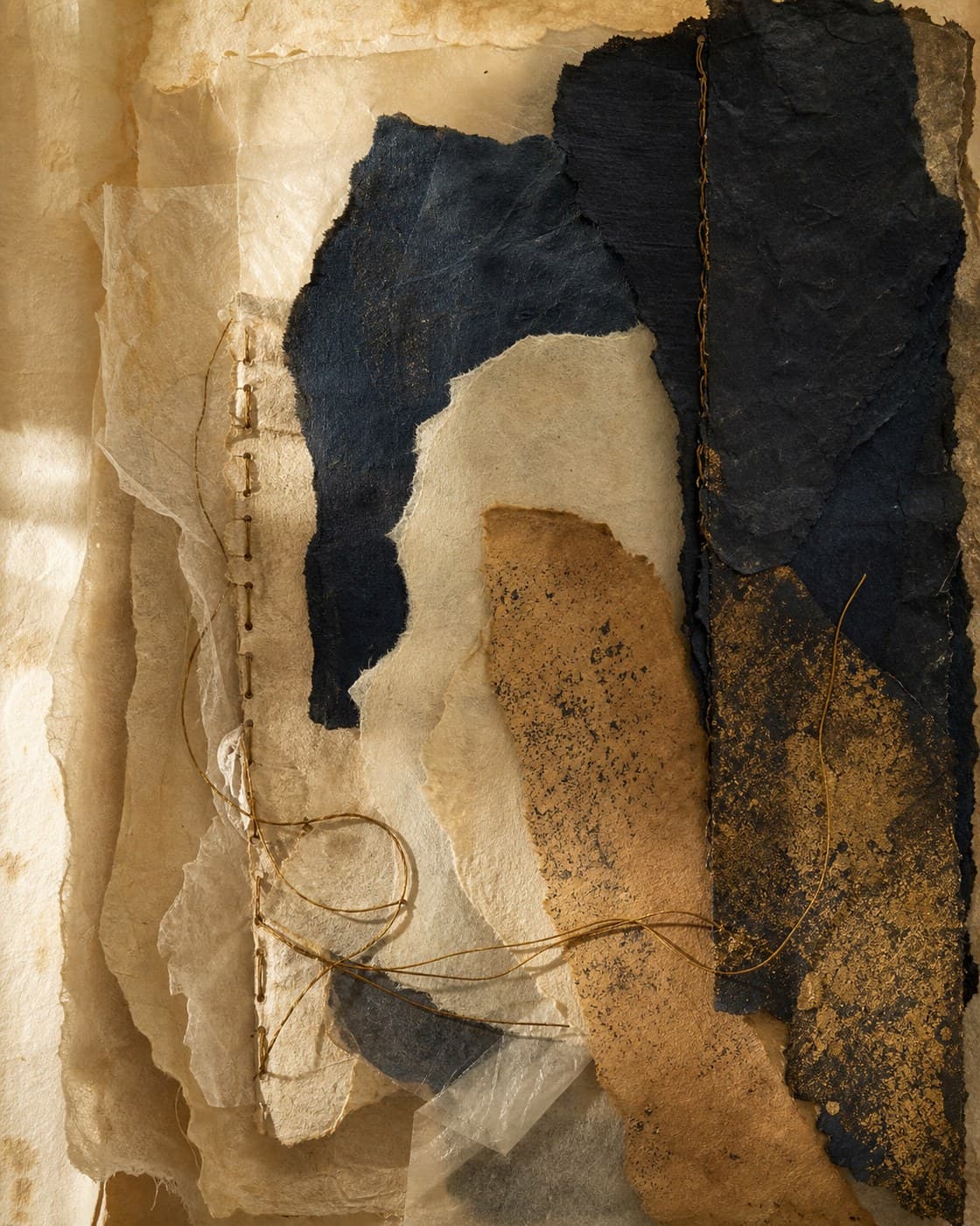 The Unwritten Archive, an abstract work from the Manuscript collection. Handmade paper, binding thread and archival shadow without borrowed or invented writing.