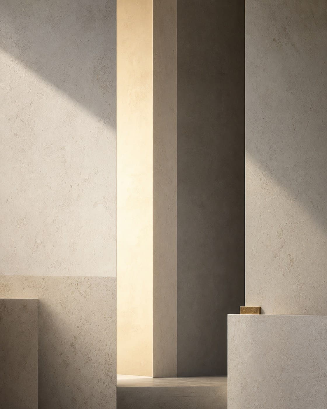 Threshold of Light, an abstract work from the Sanctuary collection. A sanctuary-like threshold formed through limestone, shadow and a narrow field of dawn light.